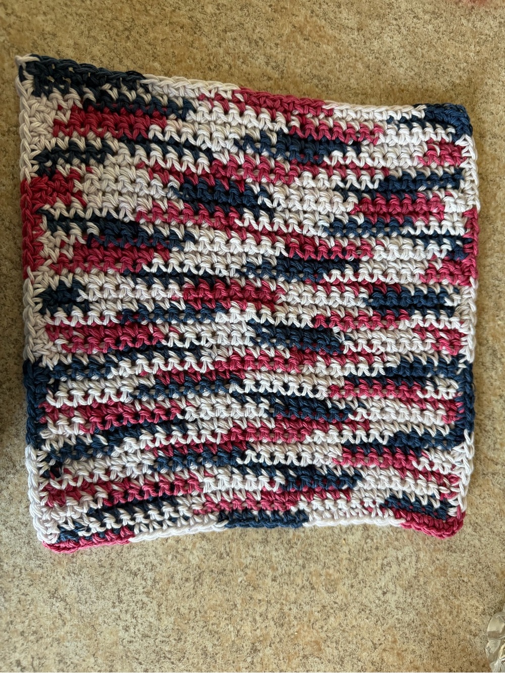 Handmade Crochet Dishcloth in Cream, Navy & Red
